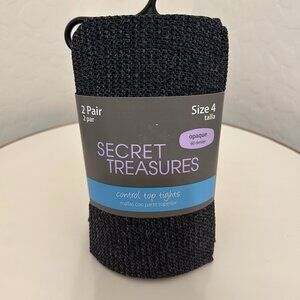 NWT SECRET TREASURES 2 PAIR CONTROL TOP TIGHTS SIZE 4 CHAROCOAL/BLACK OPAQUE